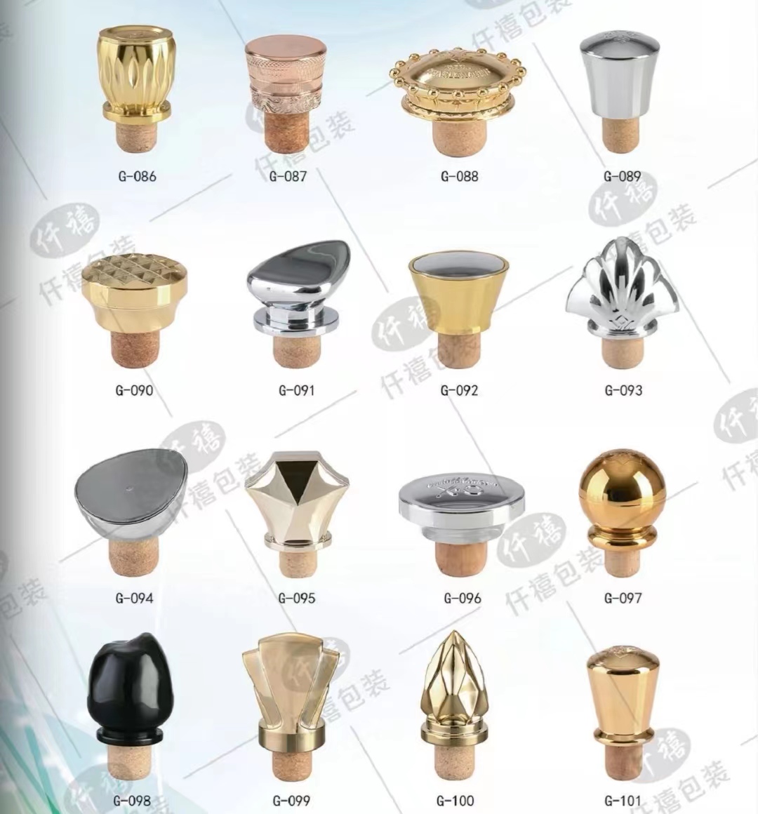 Decorative T-top cork stoppers G-086 to G-101 – gold, silver, pearl and black finishes