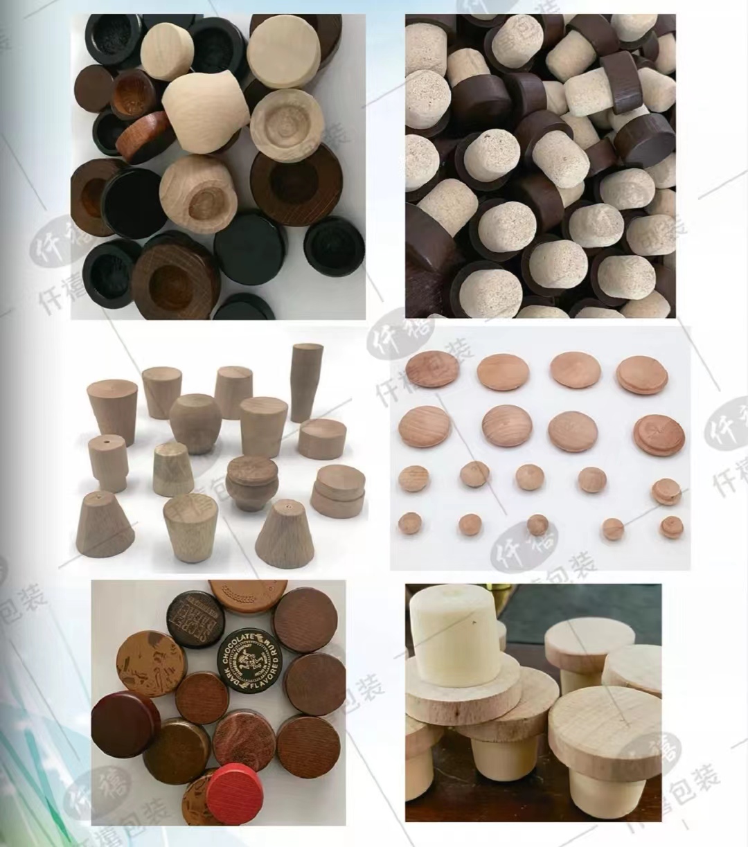 Engraved wooden T-cork stoppers G-102 to G-112 – round, dome and print-top styles