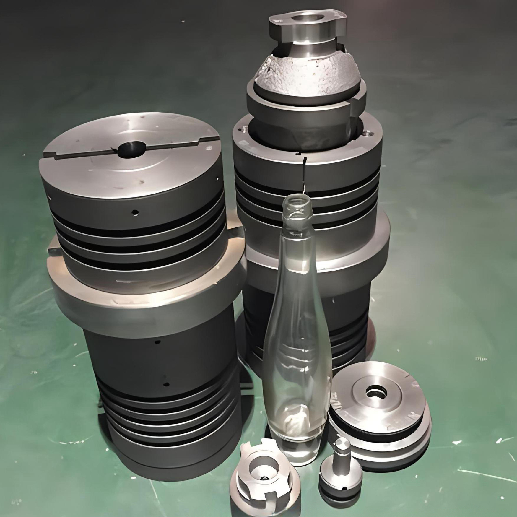 Complete mould set: blow moulds, bottom plate, neck rings and a first sample bottle