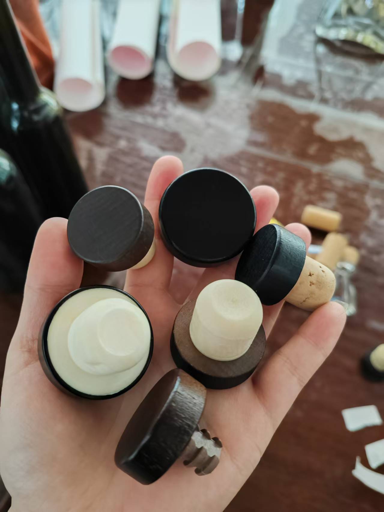 Mixed wood and plastic T-cap tops in stock