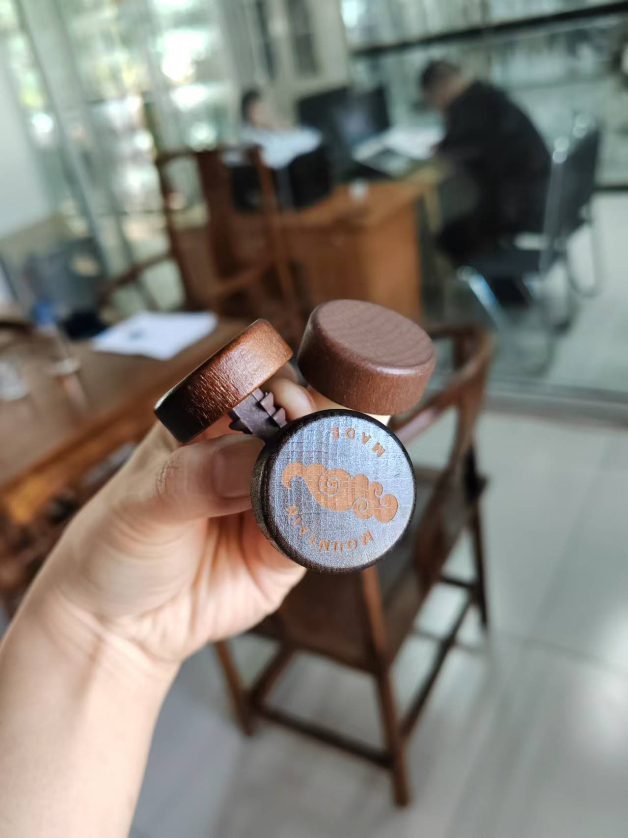 Walnut wood caps with printed brand logo