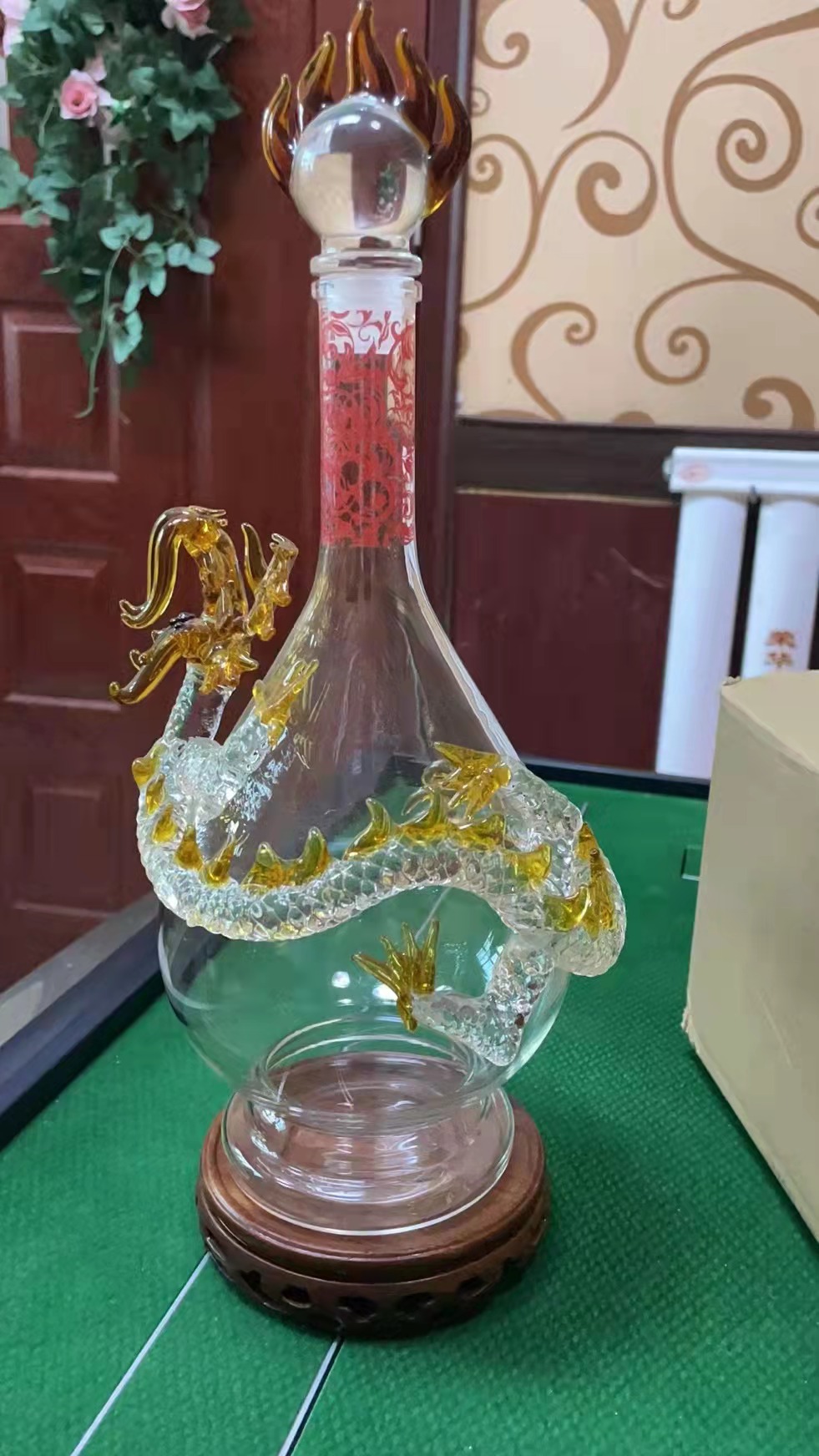 Golden Dragon Wrapped Glass Decanter With Flame Stopper And Wooden Base