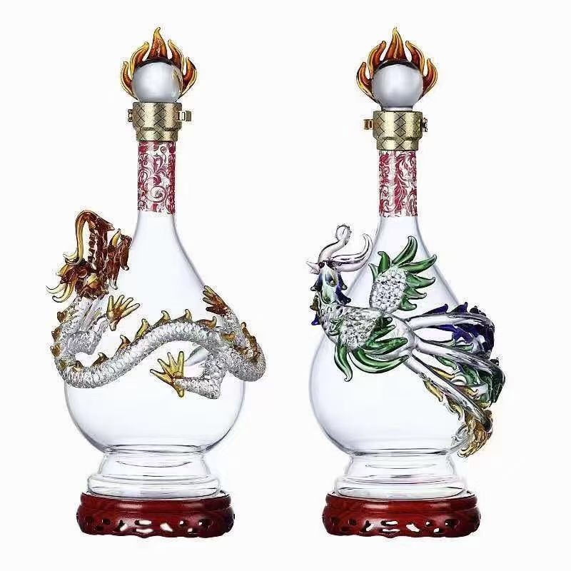Dragon And Phoenix Enamel Glass Decanter Pair With Wooden Base
