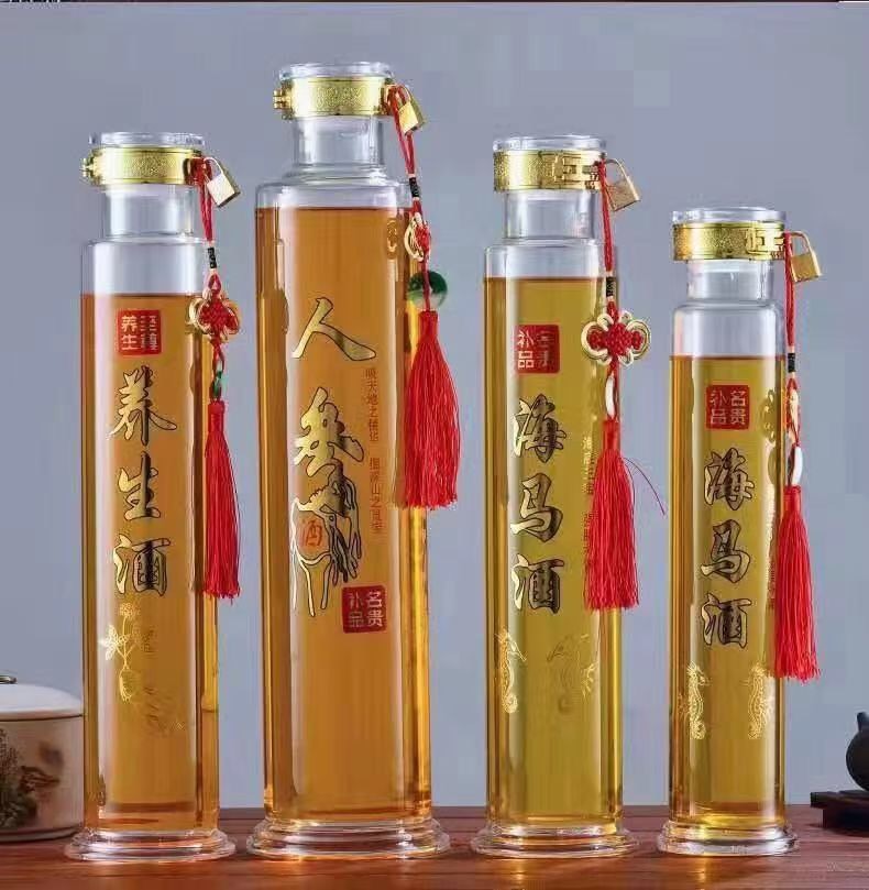 Cylinder Glass Wine Bottle With Gold Lettering And Red Tassel For Ginseng Wine
